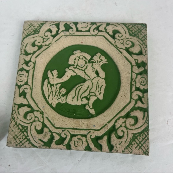 Monrovian Pottery & Tile works PA -vintage repro in green & cream-2pc - Picture 5 of 13